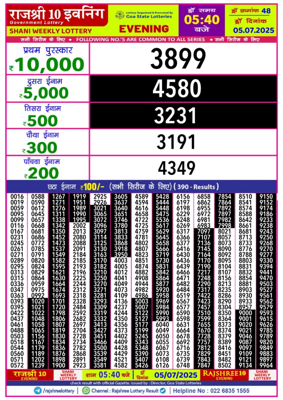 Everest Result Today Dear Lottery Chart