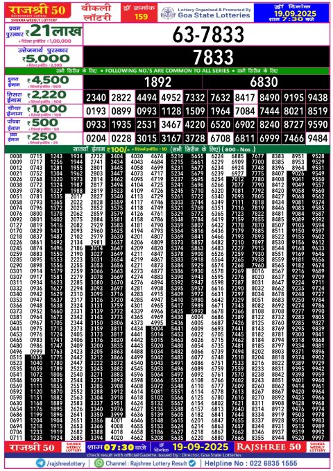 Rajshree 50 Daily Lottery 7.30pm Result 19.09.25 Everest Result Today Dear Lottery Chart
