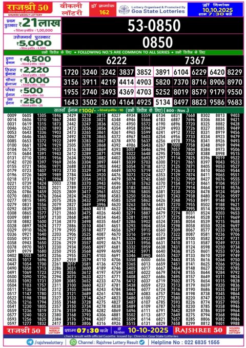 Rajshree 50 Daily Lottery 7.30pm Result 10.10.25 Everest Result Today Dear Lottery Chart