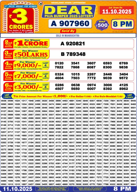 Dear Puja Bumper 2025 Lottery Result Today 11.10.25 Everest Result Today Dear Lottery Chart