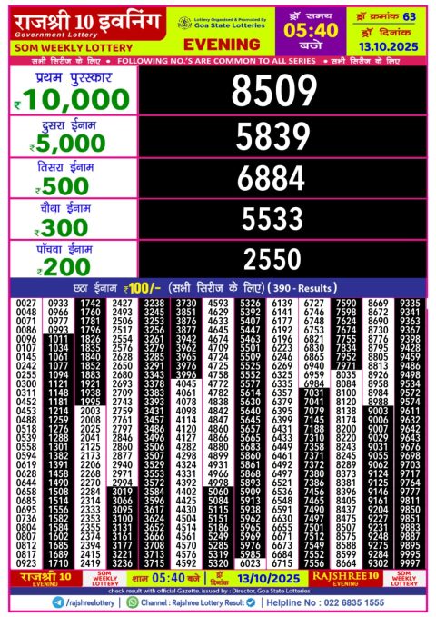 Rajshree 10 Evening Lottery 5.40pm Result 13.10.25 Everest Result Today Dear Lottery Chart