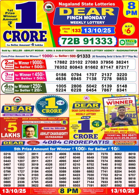 Dear Lottery 8pm Result 13.10.25 Everest Result Today Dear Lottery Chart