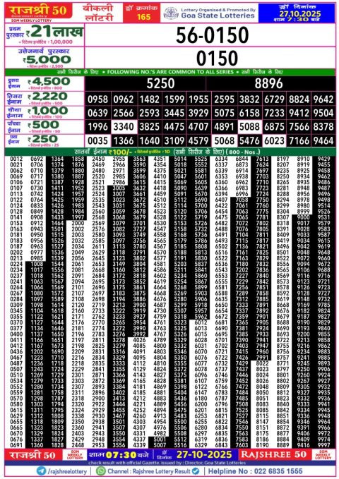 Rajshree 50 Daily Lottery 7.30pm Result 27.10.25 Everest Result Today Dear Lottery Chart