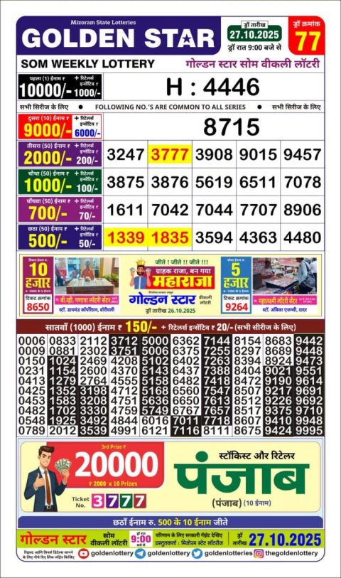 Golden Star 9pm Lottery Result 27.10.25 Everest Result Today Dear Lottery Chart