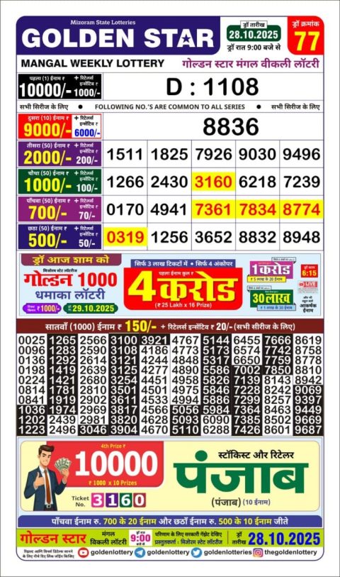 Golden Star Lottery Result 9pm 28.10.25 Everest Result Today Dear Lottery Chart