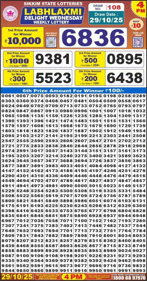Labh Laxmi Lottery 4pm Result 29.10.25 Everest Result Today Dear Lottery Chart