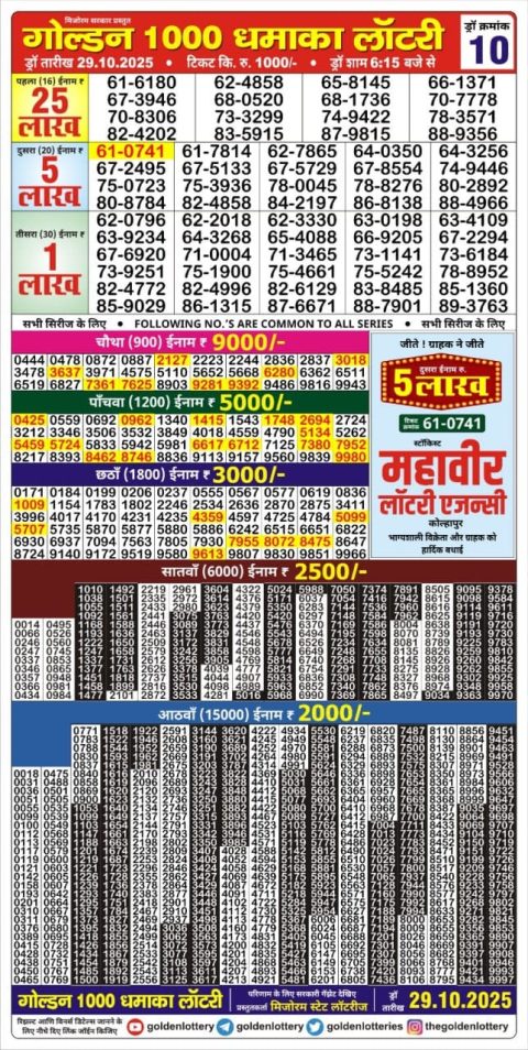 Golden 1000 Monthly Lottery Result Out 29.10.25 Everest Result Today Dear Lottery Chart