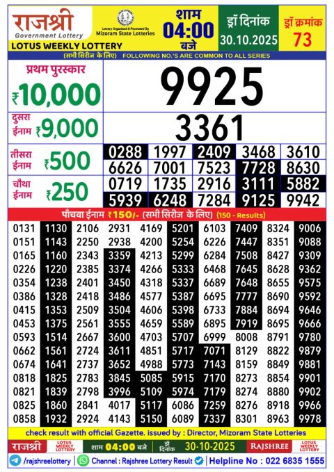 Rajshree Daily Lottery 4pm Result 30.10.25 Everest Result Today Dear Lottery Chart