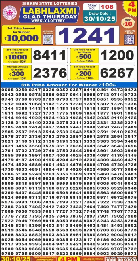 Labh Laxmi Lottery 4pm Result 30.10.25 Everest Result Today Dear Lottery Chart