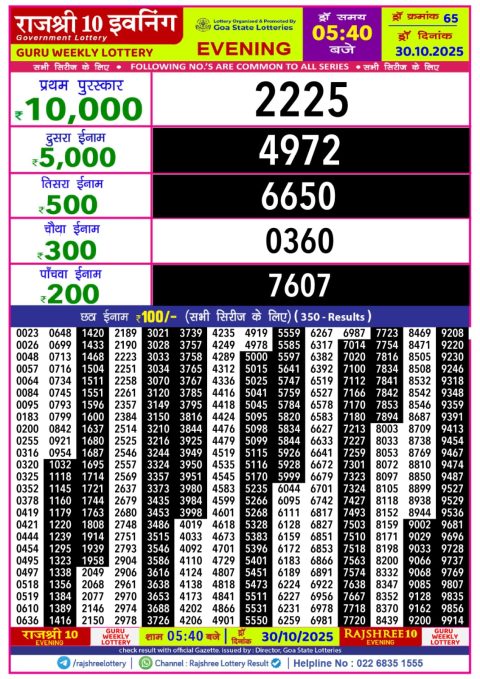 Rajshree 10 Evening Weekly Lottery 5.40pm Result 30.10.25 Everest Result Today Dear Lottery Chart