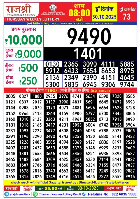 Rajshree Daily Lottery 8pm Result 30.10.25 Everest Result Today Dear Lottery Chart