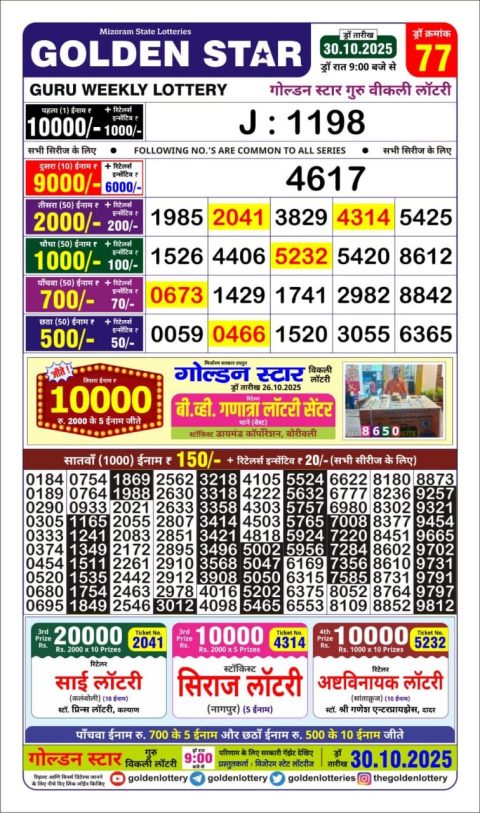 Golden Star Lottery 9pm Result 30.10.25 Everest Result Today Dear Lottery Chart