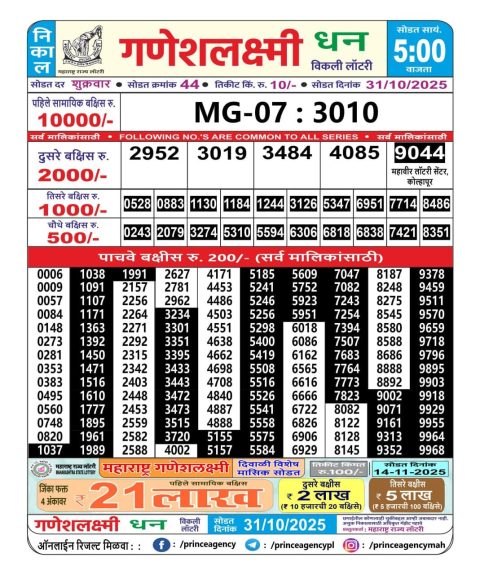 Maharashtra Ganesh Laxmi Lottery Result 31.10.25 Everest Result Today Dear Lottery Chart