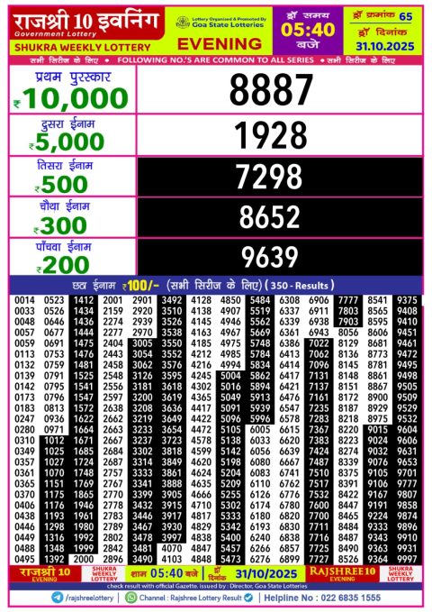 Rajshree 10 Evening Weekly Lottery 5.40pm Result 31.10.25 Everest Result Today Dear Lottery Chart