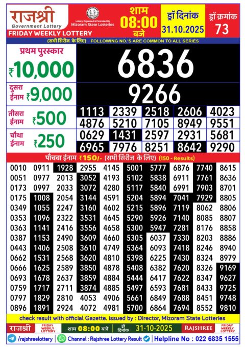 Rajshree Daily Lottery 8pm Result 31.10.25 Everest Result Today Dear Lottery Chart