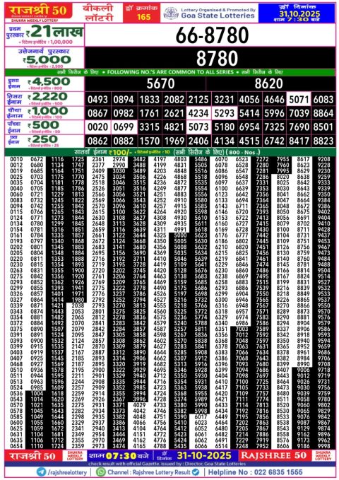 Rajshree 50 Daily Lottery 7.30pm Result 31.10.25 Everest Result Today Dear Lottery Chart
