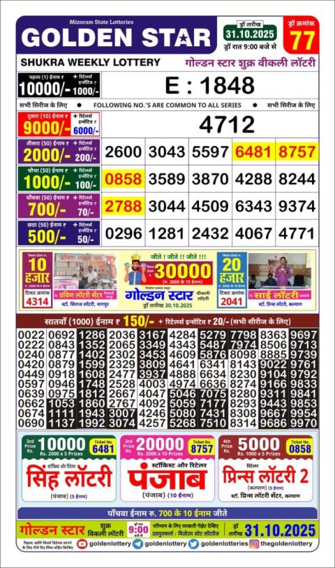 Golden Star Lottery 9pm Result 31.10.25 Everest Result Today Dear Lottery Chart