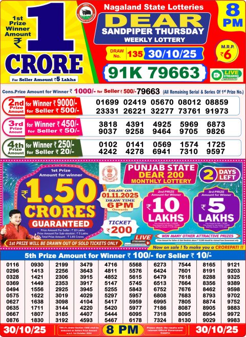 Dear Lottery 8pm Result 30.10.25 Everest Result Today Dear Lottery Chart