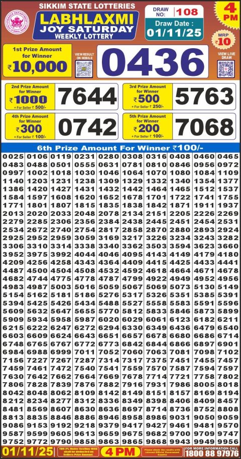 Labh Laxmi Lottery 4pm Result 01.11.25 Everest Result Today Dear Lottery Chart
