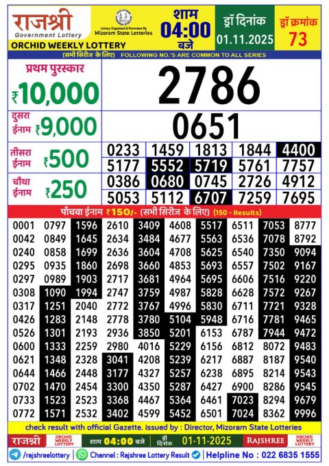 Rajshree Daily Lottery 4pm Result 01.11.25 Everest Result Today Dear Lottery Chart