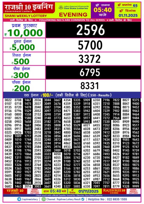 Rajshree 10 Evening Lottery 5.40pm Result 01.11.25 Everest Result Today Dear Lottery Chart