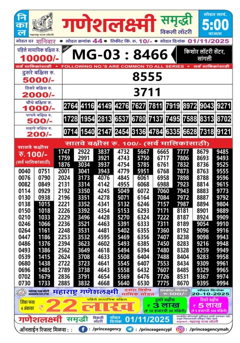 Maharashtra Ganesh Laxmi Lottery Result 01.11.25 Everest Result Today Dear Lottery Chart