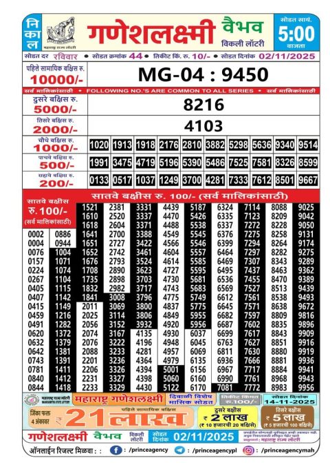Maharashtra Ganesh Laxmi Weekly Lottery Result 02.11.25 Everest Result Today Dear Lottery Chart