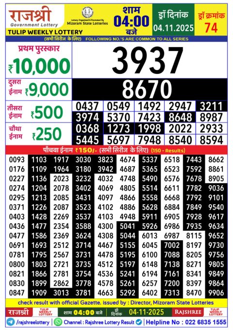 Rajshree Daily Lottery 4pm Result 04.11.25 Everest Result Today Dear Lottery Chart