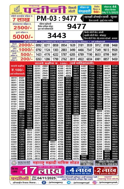 Maharashtra Padmini Weekly Lottery Result 04.11.25 Everest Result Today Dear Lottery Chart