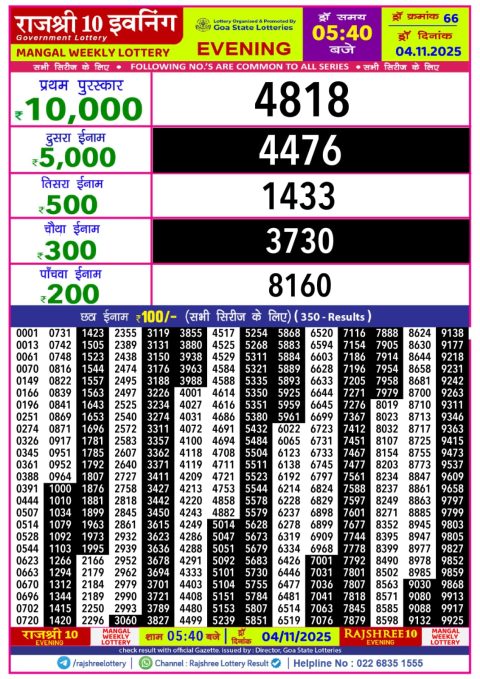 Rajshree 10 Evening Lottery 5.40pm Result 04.11.25 Everest Result Today Dear Lottery Chart