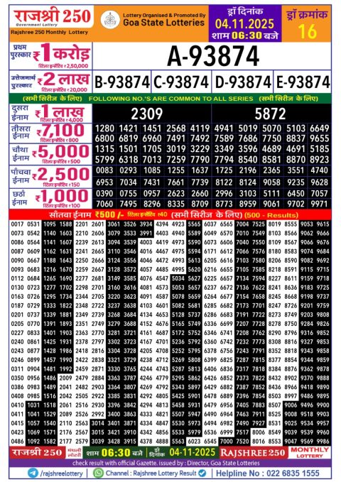 Rajshree 250 Monthly Lottery Result 04.11.25 Everest Result Today Dear Lottery Chart
