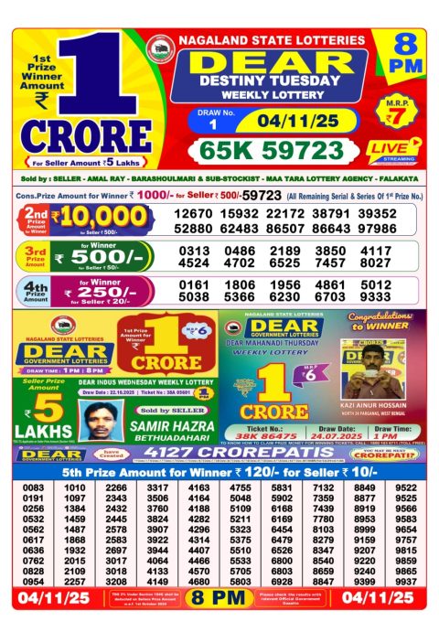 Dear Lottery 8pm Result 04.11.25 Everest Result Today Dear Lottery Chart