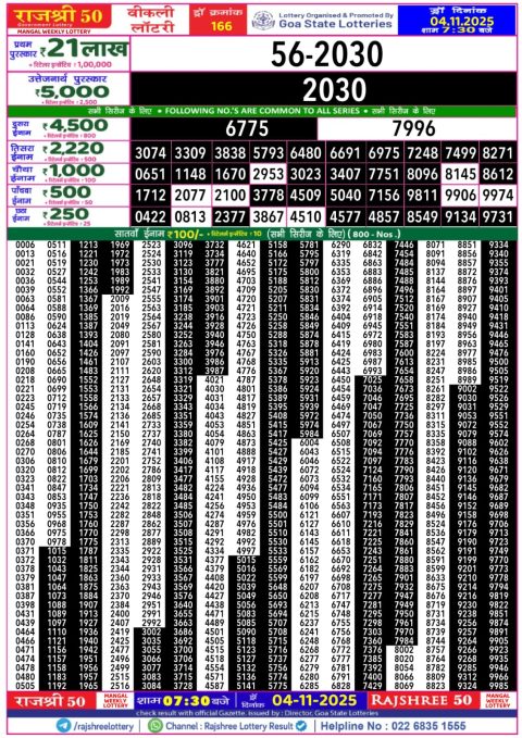 Rajshree 50 Daily Lottery 7.30pm Result 04.11.25 Everest Result Today Dear Lottery Chart