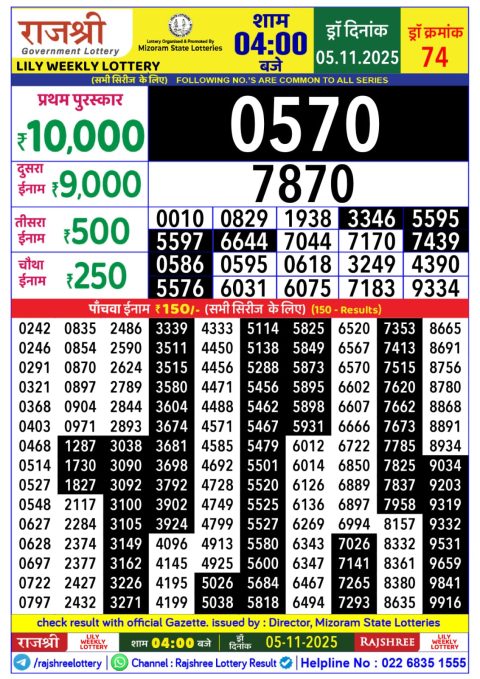 Rajshree Daily Lottery 4pm Result 05.11.25 Everest Result Today Dear Lottery Chart