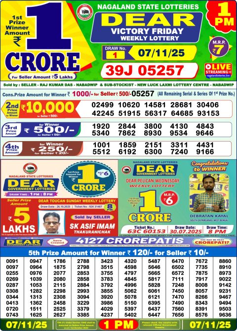 Dear Lottery 1pm Result 07.11.25 Everest Result Today Dear Lottery Chart