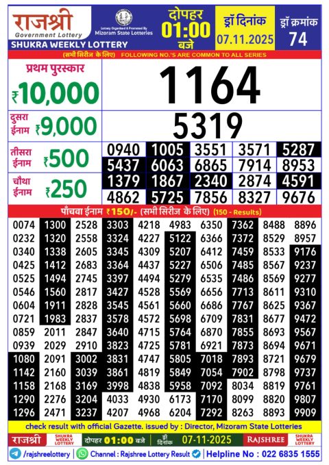 Rajshree Daily Lottery 1pm Result 07.11.25 Everest Result Today Dear Lottery Chart
