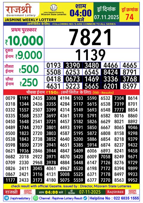 Rajshree Daily Lottery 4pm Result 07.11.25 Everest Result Today Dear Lottery Chart