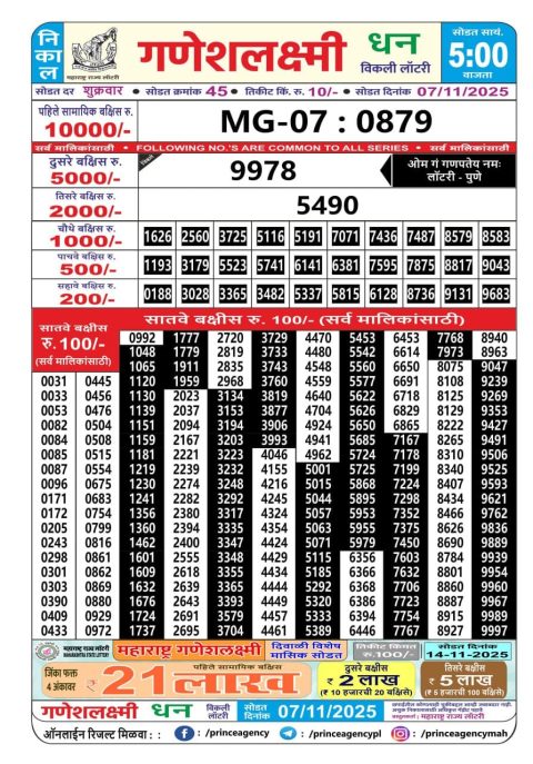 Maharashtra Ganesh Laxmi Lottery Result 07.11.25 Everest Result Today Dear Lottery Chart
