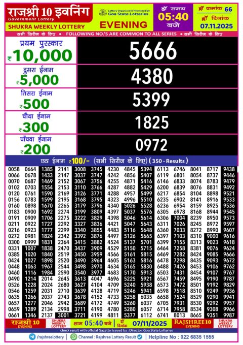 Rajshree 10 Evening Weekly Lottery 5.40pm Result 07.11.25 Everest Result Today Dear Lottery Chart