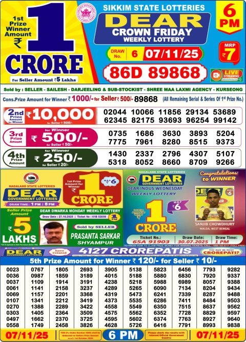 Dear Lottery 6pm Result 07.11.25 Everest Result Today Dear Lottery Chart