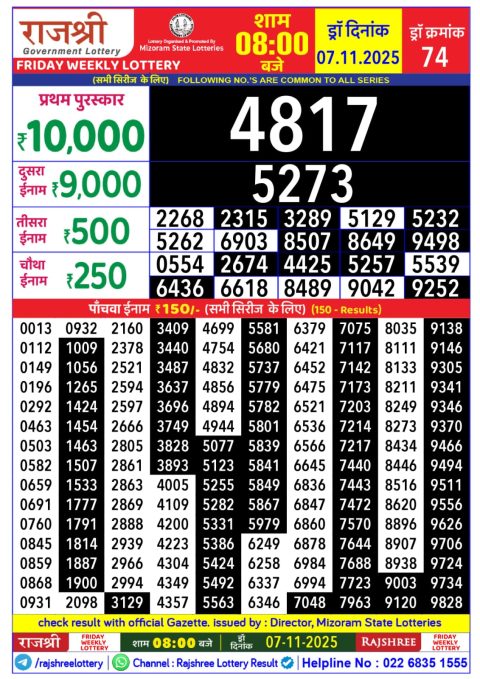 Rajshree Daily Lottery 8pm Result 07.11.25 Everest Result Today Dear Lottery Chart