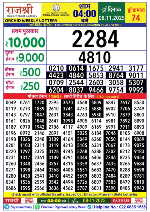 Rajshree Daily Lottery 4pm Result 08.11.25 Everest Result Today Dear Lottery Chart