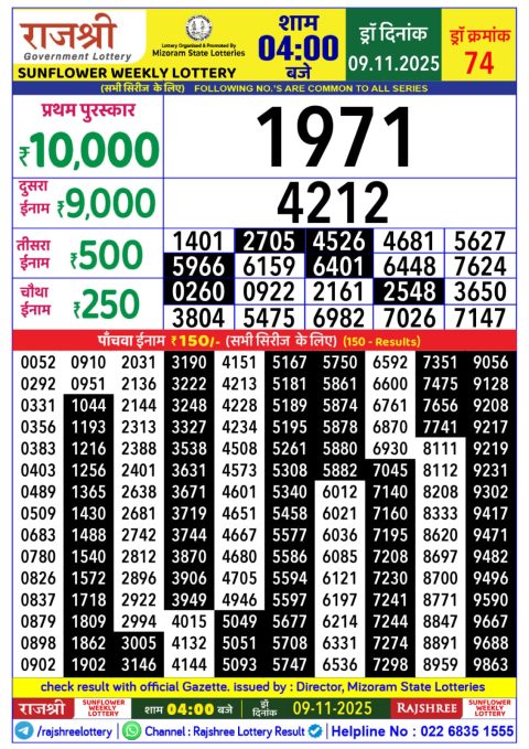 Rajshree Daily Lottery 4pm Result 09.11.25 Everest Result Today Dear Lottery Chart