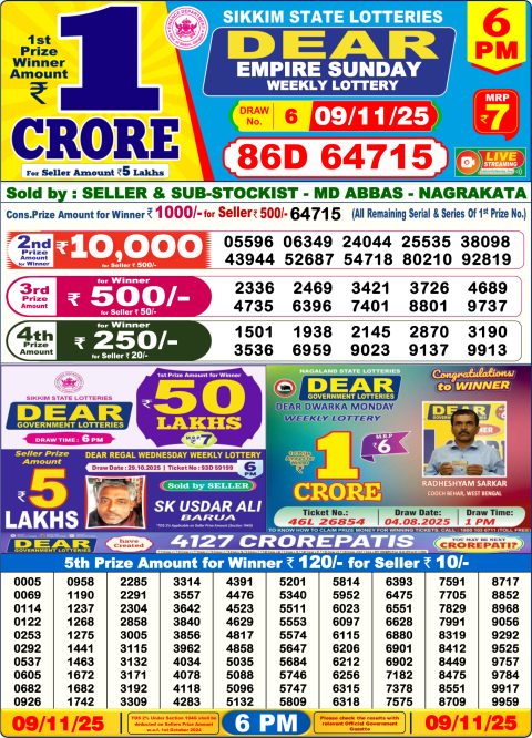 Dear Lottery 6pm Result 09.11.25 Everest Result Today Dear Lottery Chart
