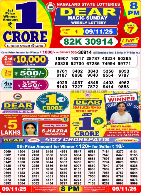 Dear Lottery 8pm Result 09.11.25 Everest Result Today Dear Lottery Chart