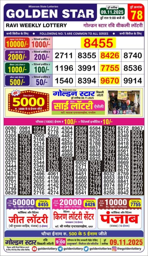 Golden Star Lottery 9pm Result 09.11.25 Everest Result Today Dear Lottery Chart