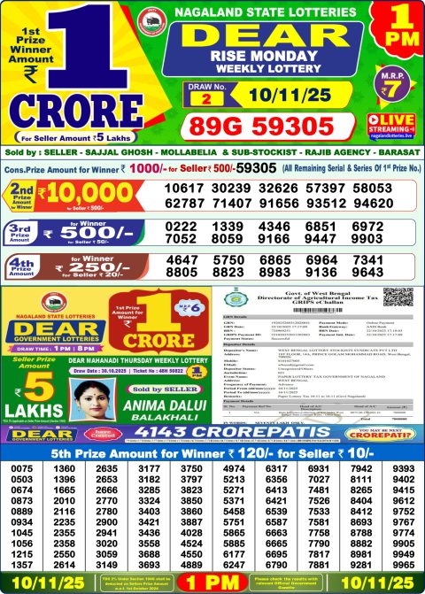 Dear Lottery 1pm Result 10.11.25 Everest Result Today Dear Lottery Chart