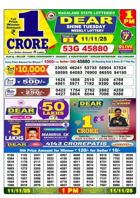 Dear Lottery 1pm Result 11.11.25 Everest Result Today Dear Lottery Chart