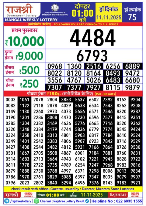Rajshree Daily Lottery 1pm Result 11.11.25 Everest Result Today Dear Lottery Chart
