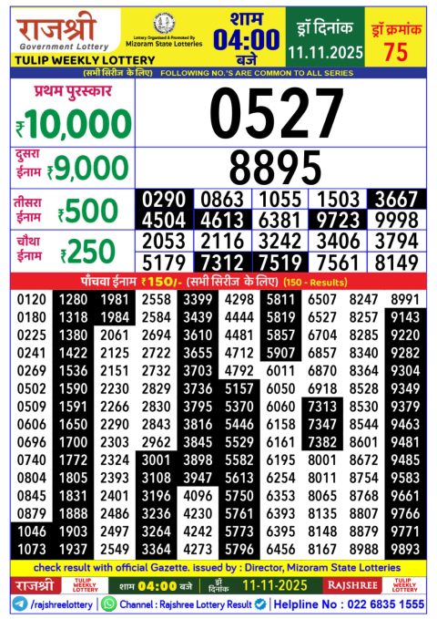 Rajshree Daily Lottery 4pm Result 11.11.25 Everest Result Today Dear Lottery Chart